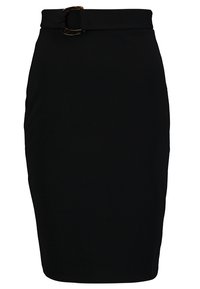 Černá tužková sukně z elastické látky. Má pas s kulatou sponou ve vzoru želví ulity. Úzký střih s délkou ke kolenům.