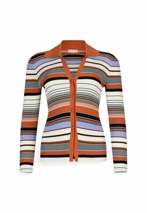 Cardigan a maniche lunghe con texture a coste. Caratterizzato da strisce orizzontali multicolori in arancione, nero, bianco e lavanda. Con colletto e chiusura a bottoni.