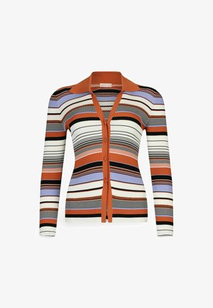 Cardigan a maniche lunghe con texture a coste. Caratterizzato da strisce orizzontali multicolori in arancione, nero, bianco e lavanda. Con colletto e chiusura a bottoni.
