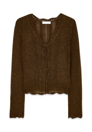 Brown knitted cardigan with long sleeves, V-neck, button closure, scalloped hem, and lace pattern details on the front and sleeves.