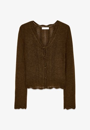 Bruine gebreide cardigan met lange mouwen, V-hals, knoopsluiting, golvende zoom en kantpatroondetails op de voorkant en mouwen.