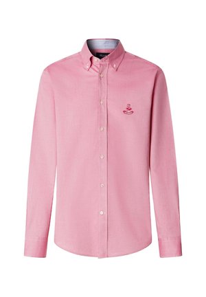 Heren blouse met lange mouwen in roze, met een knoopsluiting, een geknoopte kraag en een klein geborduurd logo op de linkerborst.