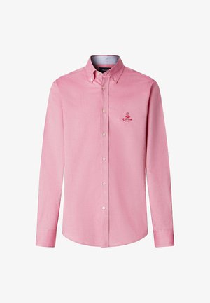 Heren blouse met lange mouwen in roze, met een knoopsluiting, een geknoopte kraag en een klein geborduurd logo op de linkerborst.