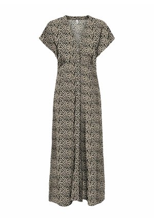 Crna midi haljina s kratkim rukavima, V-izrezom, gumbima sprijeda i bež uzorkom lišća po cijeloj površini.