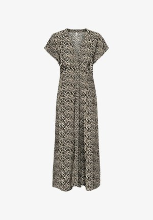 Crna midi haljina s kratkim rukavima, V-izrezom, gumbima sprijeda i bež uzorkom lišća po cijeloj površini.