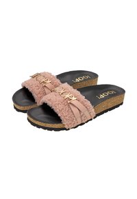 Rosa, flauschige Rutschsandalen mit zwei Riemen, ausgeschmückt mit goldenen "Schlaufen"-Akzenten, schwarzem Innenfutter und einer Kork-Wedge-Sohle mit strukturiertem Grip.