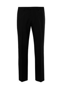 Pantalones negros ajustados con corte recto, que presentan un frente plano, passadores para cinturón y un cierre de botón único. Textura de tela suave.