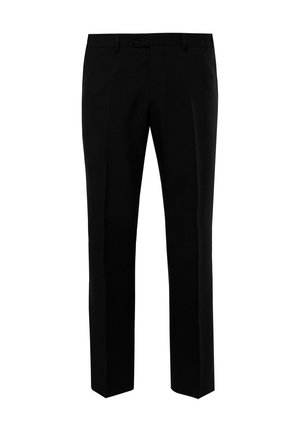Schwarze maßgeschneiderte Hose mit geradem Schnitt, mit flacher Vorderseite, Gürtelschlaufen und einem einzelnen Knopfverschluss. Glatte Stofftextur.