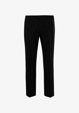 Sorte skræddersyede bukser med lige snit, der har flad front, bælteløkker og en enkelt knaplukning. Glat stoftekstur.