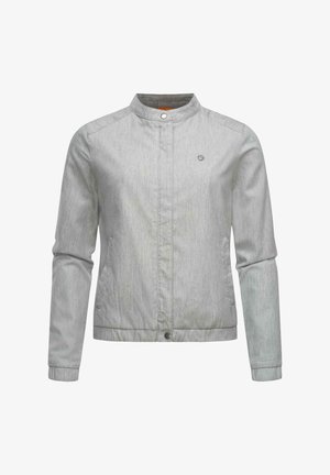 Lys grå bomberjakke med høj krave, frontknaplukning og to sidelommer. Har en subtil tekstur og et logo-accent.