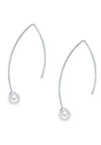 Orecchini in argento a filo con un design curvo e una singola perla bianca all'estremità di ciascuno. Stile minimalista e contemporaneo.