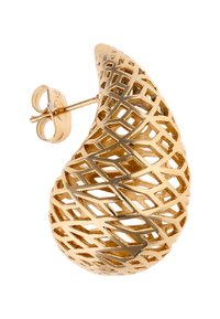 Cercei lungi din aur cu un design împletit în formă de picătură și finisaj lucios. Închidere sigură pentru fixare.