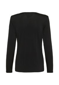 Ilgi piedurkņu melna krekls, izgatavots no gludas auduma, ar apaļu kakla izgriezumu un vienkāršu, pieguļošu dizainu. Bez redzamām rakstu un akcentu detaļām.