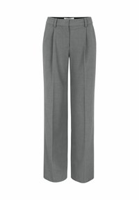 Graue maßgeschneiderte Hose mit geradem Bein, flachem Bund, zwei seitlichen Taschen und einem glatten, strukturierten Stoff.