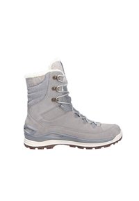 Grijze waterdichte wandelschoen, gemaakt van suède en stof, met een voering van bont, metalen oogjes en een duurzame rubberen zool.