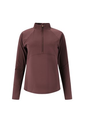 Bordeaux lange mouwen pullover met een neklap, voorzien van een ritsje van een kwart en een gladde, rekbare stof voor een gemakkelijke beweging.
