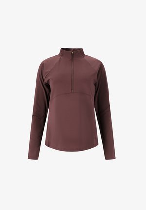 Maroon long-sleeve pullover with a mock collar, featuring a quarter zip closure and smooth, stretchy fabric for ease of movement.