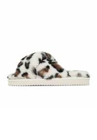 Pelzige Schlüpfschuhe mit einem Leopardenmuster in Weiß, Schwarz und Braun, einer strukturierten Sohle und einem weichen, flauschigen Obermaterial für besonderen Komfort.