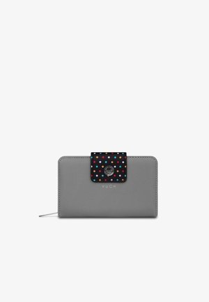 Gray wallet made of textured material with a black, polka-dot flap closure; features a silver logo and a zipper at the side.