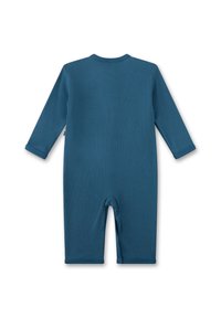 Blauer gerippter Langarm-Overall mit rundem Halsausschnitt und Bündchen an den Ärmeln. Verfügt über einen Druckverschluss am Boden für ein einfaches Ankleiden.