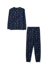 Baumwoll-Pyjama-Set mit langärmeliger Bluse und Hose. Navy Hintergrund mit mehrfarbigem Text und Grafiken in Gelb und Blau. Dehnbund.