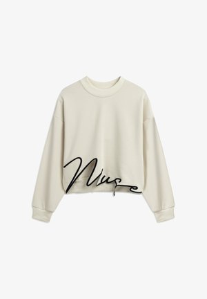 Felpa corta color crema con maniche lunghe, colletto a coste e grafica nera in corsivo "Muse" sulla parte anteriore, con dettaglio del cordoncino.
