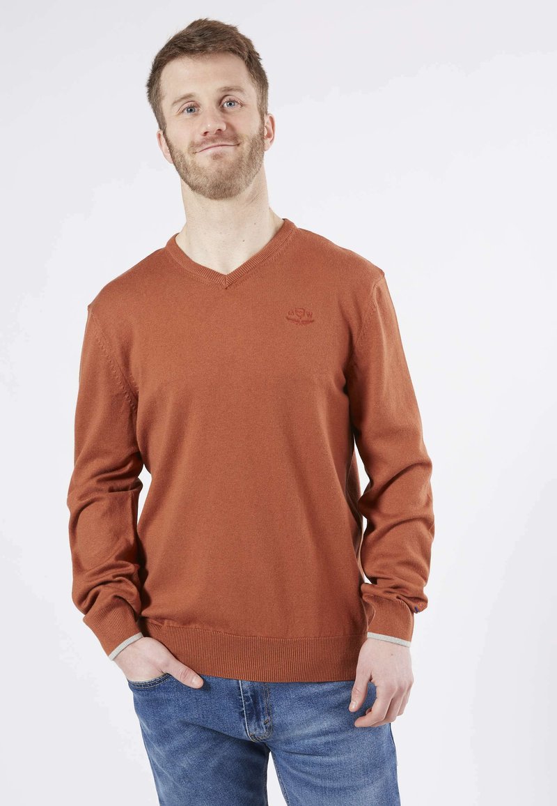 Pull à col en V couleur rouille en tissu tricoté, avec des manches longues et un ourlet côtelé. Broderie subtile sur la poitrine.