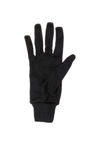 Schwarzer gestrickter Handschuh mit fünf Fingern, strukturiertem Material, enganliegendem Bündchen und einem ausgeprägten Daumendesign. Geeignet für verschiedene Handaufgaben.