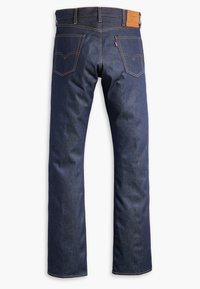 Mørkeblå straight-leg denimjeans med orange syning, to baglommer, et lædermærke med mærkenavn og en lille rød mærkat på højre lomme.