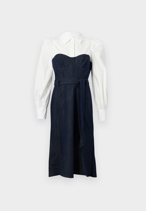 Denim dress with a structured dark blue bodice and white shirt-style sleeves. Features a fitted waist and matching tie belt.