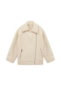 Faux shearling jack in lichtbeige met een opstaande kraag, ritssluiting en twee ritszakken aan de voorkant. Ontspannen pasvorm met lange mouwen.