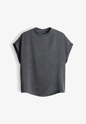 Kurzarmoberteil aus strukturierter dunkelgrauer Stoff, mit hohem Kragen und dezentem Verschluss hinten. Der abgerundete Saum sorgt für eine lockere Passform.