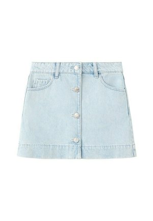 Jupe mini en jean bleu clair avec fermeture à boutons sur le devant, passants pour ceinture et deux poches avant.