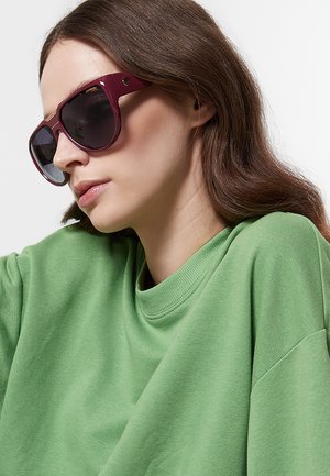 Donna con lunghi capelli castani che indossa occhiali da sole oversize viola scuro e una felpa verde chiaro su uno sfondo uniforme.