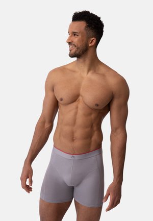 Boxer grigi in tessuto elasticizzato, con elastico in vita rosso e cucitura frontale. Il modello posa con un'espressione neutra.