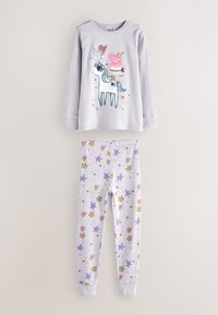 Lavendelfarvet pyjamasæt med en langærmet top med enhjørning og figurprint, sat sammen med bukser med elastik i taljen og dekoreret med stjerner og kroner.