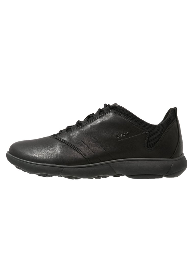 Black leather sneakers with a smooth finish, mesh accents, round toe, and a flexible rubber sole. Features subtle stripes on the side.