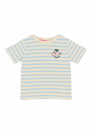 Cream and blue striped short-sleeve shirt with embroidered pink cherries and "cherry up" text on the left chest.