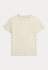 Beige kortærmet t-shirt med rund halsudskæring og lille mørkt Polo Ralph Lauren hestelogo på venstre bryst.