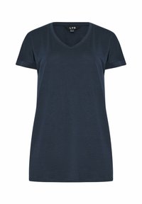 Tummansininen lyhythihainen V-paita, joka on valmistettu pehmeästä kankaasta, tarjoaa rennon istuvuuden ja sileän pinnan. Yksinkertainen muotoilu ilman kuvioita.