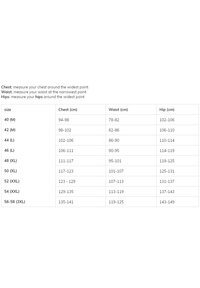 Tableau des tailles présentant les mesures pour la poitrine, la taille et les hanches en centimètres. Présenté dans un format clair et tabulaire avec des catégories de taille.