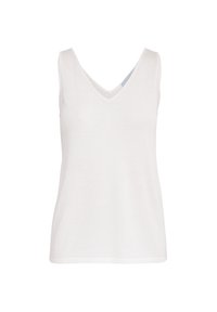 Biała bezrękawnikowa bluzka typu tank top z dekoltem w serek, wykonana z miękkiego materiału, o gładkiej fakturze i starannym wykończeniu hemu.