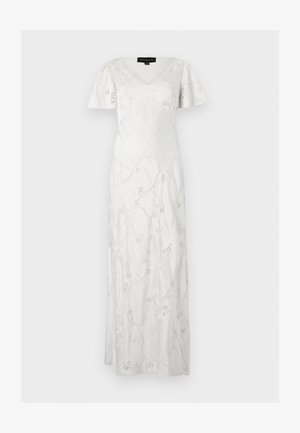 Rochie maxi albă cu mâneci scurte bufante, decolteu în V și broderie florală delicată pe întregul material.