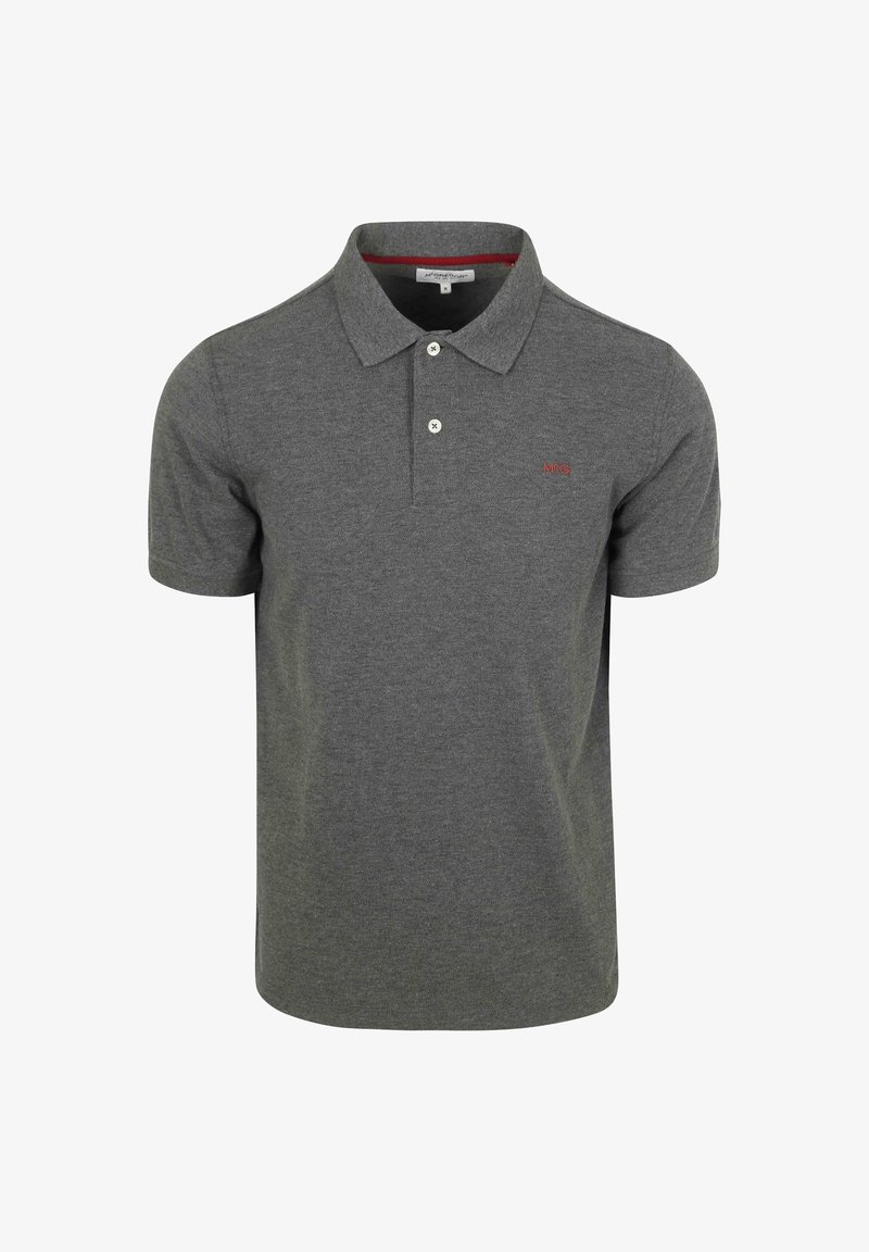 Graues Poloshirt mit kurzen Ärmeln aus einem weichen Stoff. Mit klassischem Kragen, zweiknöpfiger Knopfleiste und rotem Logo-Detail auf der Brust.