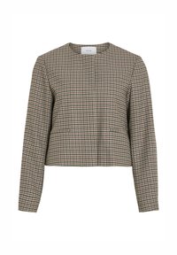 Dlouhý rukáv krátká bunda s béžovým, černým a červeným vzorem pepito a kulatým výstřihem, uvnitř límce označeno značkou VILA.