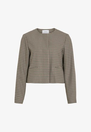 Langärmelige, kurz geschnittene Jacke mit beigem, schwarzem und rotem Hahnentrittmuster und rundem Ausschnitt, mit dem Label VILA im Inneren des Kragens.