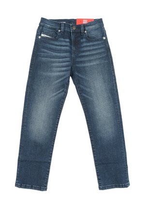 Jeans in denim blu scuro con dettagli sbiaditi, vestibilità regolare, vita alta, gambe dritte e tasche frontali, inclusa una tasca per le monete con etichetta.
