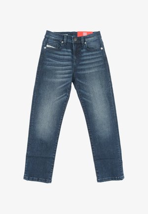Jeans in denim blu scuro con dettagli sbiaditi, vestibilità regolare, vita alta, gambe dritte e tasche frontali, inclusa una tasca per le monete con etichetta.