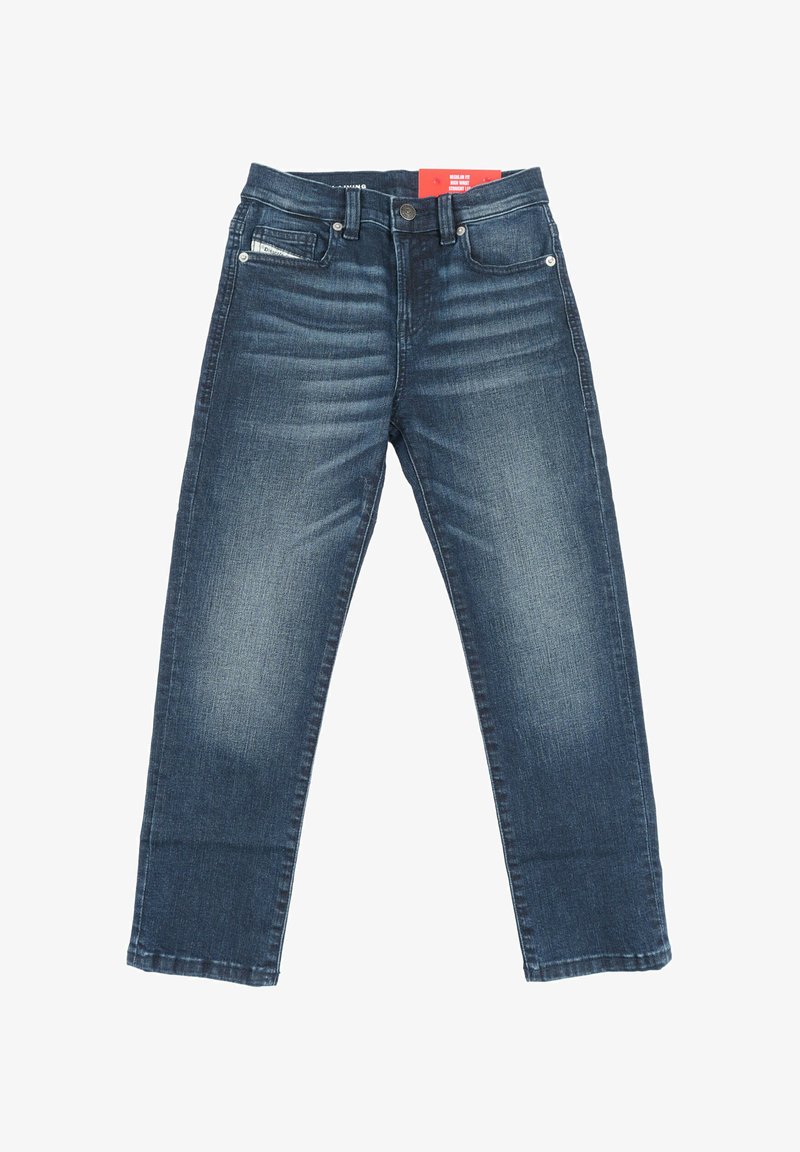 Jeans in denim blu scuro con dettagli sbiaditi, vestibilità regolare, vita alta, gambe dritte e tasche frontali, inclusa una tasca per le monete con etichetta.