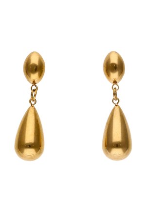 Złote kolczyki wiszące o gładkich, polerowanych powierzchniach; każdy z nich ma mniejszy owalny kształt połączony pierścieniami łańcuszka z większym kształtem w kształcie łzy.